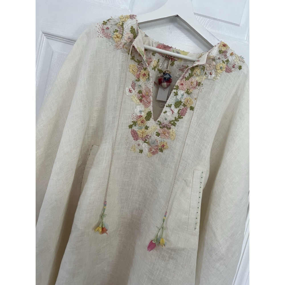 Péro Aneeth Arora 100% Linen Floral Embroidered Kaftan Poncho Tunic Sz 38 Luxury - Picture 6 of 16